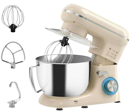 HOMCOM Batidora Amasadora 4,5L, Amasadora de Pan 1300W, Amasadora Repostería, 6 Velocidades, Bol de Acero Inoxidable, Batidor, Gancho, Varilla, Protector contra Salpicaduras, Beige