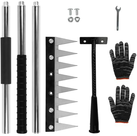Les-Theresa Rastrello da giardino a 8 denti, in acciaio al carbonio, con manico lungo, strumento per rimuovere le erbacce, per diserbare, giardinaggio e allentamento del prato in cortile