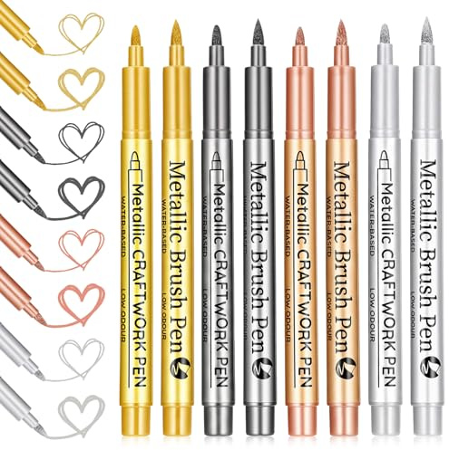 GEEHUA 8 delar metallic markör-set, 4 färger 2 olika fjädrar, vattentäta markörpennor för kortdesign, måla stenar, trä, keramik och gör-det-själv-projekt