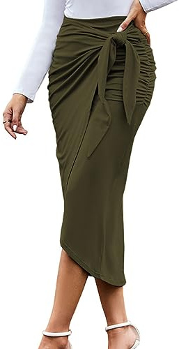 MAYFASEY Women's Ruched Wrap Maxi Skirt High Waist Tie Front Midi Pencil Skirts with Slit