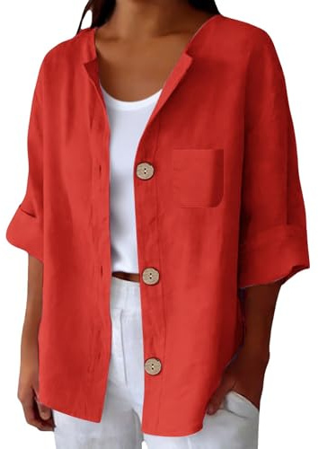 Camicia Lino Donna Maniche Tre Quarti Girocollo Estiva Moda Camicie Elegante Blusa Casual con Bottoni e Tasca Camicetta da Spiaggia Classico Leggera Comoda Lavoro Viaggi Uso Quotidiano