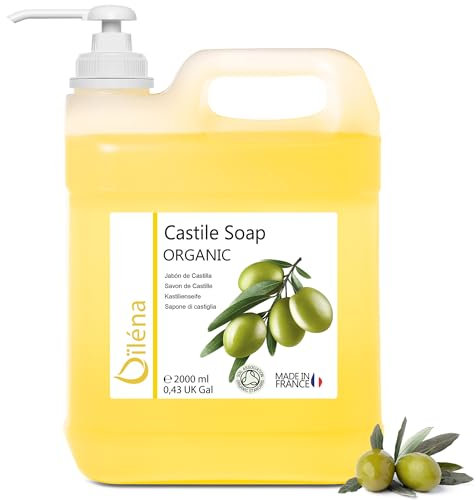 Sapone di Castiglia Autentico - Biologico a base esclusivamente di olio d'oliva, rimuove punti neri, gel detergente viso e corpo, capelli, cucina, vestiti. chiaro liquido detergente 2000 ml