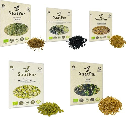 SaatPur EKOLOGISKA Groddar Set Sortiment 5 EKOLOGISKA sorter Asia Mix - Bockhornsklöver Alfalfa Mungo Senap Kinesisk Purjolök Gräslök Vitlök