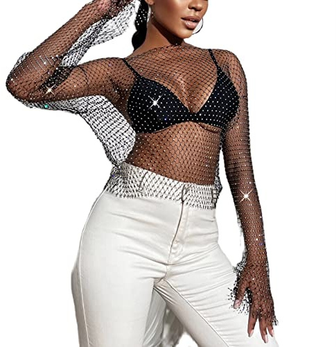 KKPW Haut Sexy à Manches Longues Bouffantes en Maille Transparente pour Femme - Chemise Transparente à Paillettes