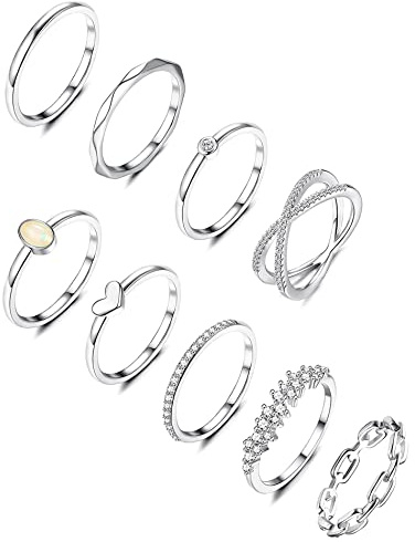 MILACOLATO 9 Anillos De Plata Para Mujer Niñas, Chapados En Oro De 14 Quilates, Set De Anillos Apilables Zirconia, Anillo De Banda Apilable Alianzas Boda Simple y Delicado, Tamaño 11,75-24,75