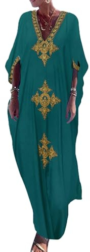 Bsubseach Gold Embroidery Long Kaftan Dresses V Neck Caftan Dress Beach Cover Ups for Women Peacock Green