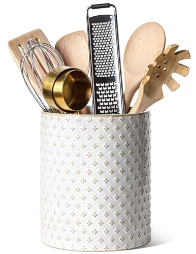 LE TAUCI Utensil Holder for Kitchen Counter - 7.1 Large Ceramic Kitchen Utensil Holder, Embossed Cooking Utensil Crock for Spatula, Spoon - Farmhouse Kitchen Decor & Organizer, White, Clover