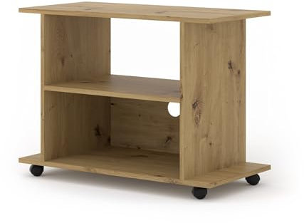 BIM Furniture TV-Ständer Yogi – Fernsehständer auf Rollen 80x60x40 cm, Niedriges Regal mit Ablagen, Moderner Fernsehständer mit Kabelloch – Artisan Eiche