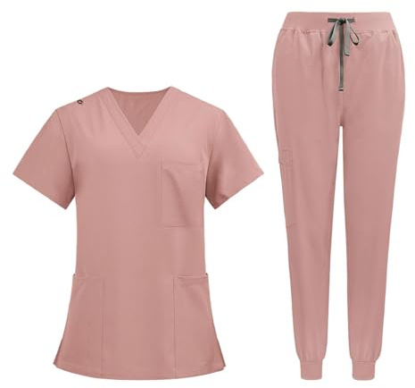 Baoblaze Uniform Scrub Set - Nurse Top & Pants with Pockets, Short Sleeve Work Clothes for Pet Groomer, Healthcare, Pink, M
