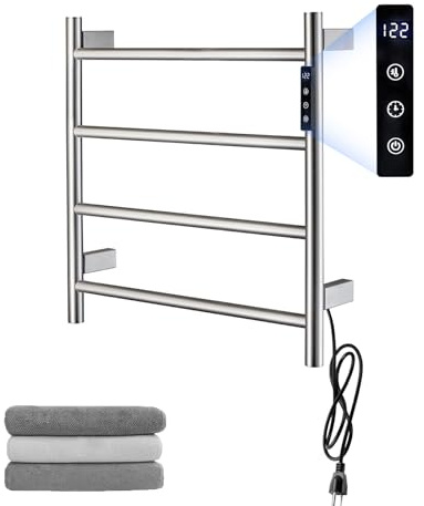 Heated Towel Racks,4 Bars Towel Warmer Rack for Bathroom, Wall Mounted Electric Towel Warmer with Timer, Plug-in/Hardwired Towel Dryer Rack Chrome