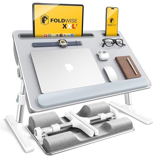 FoldWise Table & Bureau d'Appoint 2-en-1 – Coussins Doux, Hauteur et Angle réglables, Pliable avec Repose-Poignets, Support Tablette, butée Amovible & Surface antidérapante en Cuir pour Ordinateur