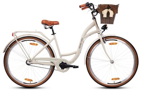 Goetze Style 28 Zoll Damen Citybike, 18 Zoll Tiefeinsteiger, 3-Gang Nabenschaltung, Rücktrittbremse und V-Bremse, LED-Beleuchtung, Rattankorb, Komfortsattel, mit Seitenständer & Klingel