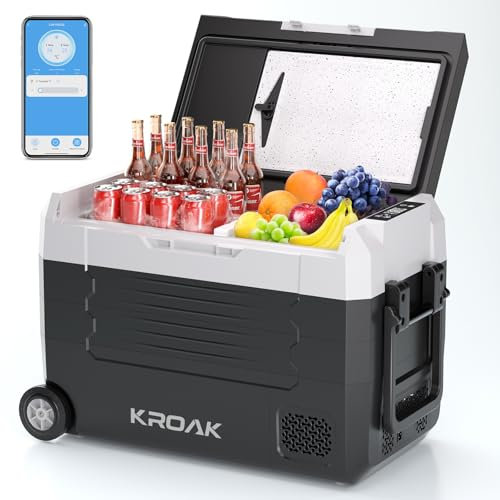KROAK 45L Tragbarer Kompressor Kühlbox mit Bluetooth-App, Elektrisch Autokühlbox Dual-Zone (-20°C bis +20°C) +Schneidebrett, 12V/24V/230V, Rollen & Trennwand – für Camping, Auto, LKW, Wohnmobil