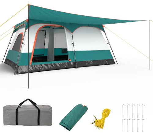 GOPLUS Familienzelt für 4-10 Personen mit Vorzelt, Campingzelt groß mit 2 Zimmern, Abnehmbarem DoppelDach, mit Windseil, Bodenspieß und Tragetasche, Tunnelzelt für Camping (420 x 300 x 200 cm)