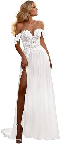 HAIBFJIN Vestido de novia largo de encaje para mujer, estilo bohemio, vestido de novia con abertura, elegante, acampanado, Blanco-B., 52 Grande