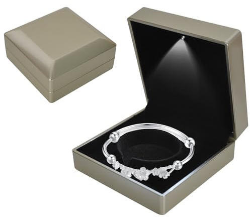Colexy Caja de Regalo para Pulseras con Luz LED, Caja de Terciopelo para Joyas, Estuche de Almacenamiento de Joyería para Colgante/Pulsera/Collar, para Bodas Compromisos Valentín, 10 * 10 * 5cm, Oro