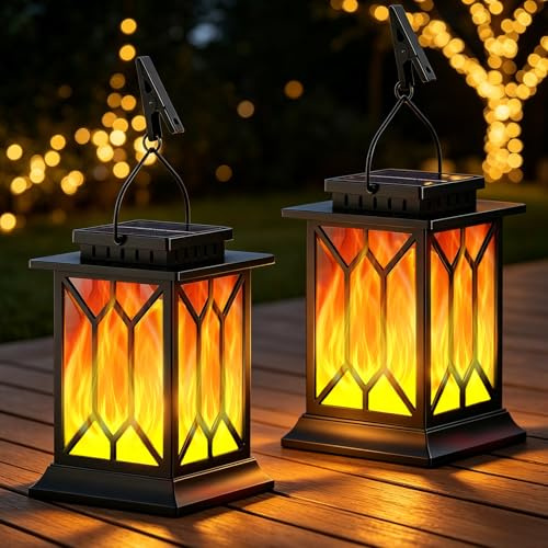 MLOQI 2 Piezas Farolillo Solar para Exterior, Luz Solar Exterior Jardin Colgantes Efecto de Llama Parpadeante IP65 Impermeable Faroles Decorativos con Clips para Patio Balcón Regalos (Negro)
