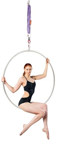 Aro aéreo de 95 cm con accesorios, anillo de aire para entrenamiento de cuerpo completo y acrobacias aéreas, acero inoxidable, plata y morado, adecuado para gimnasio, hogar, artes artísticas para