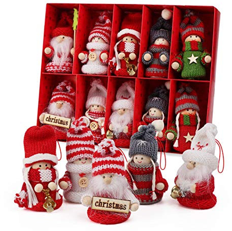 Adorfine Lot de 10 lutins de Noël Multicolores Père Noël en Bois et Tricot avec boîte Cadeau pour Le Sapin de Noël, décorations de Noël ou Pendentif Cadeau
