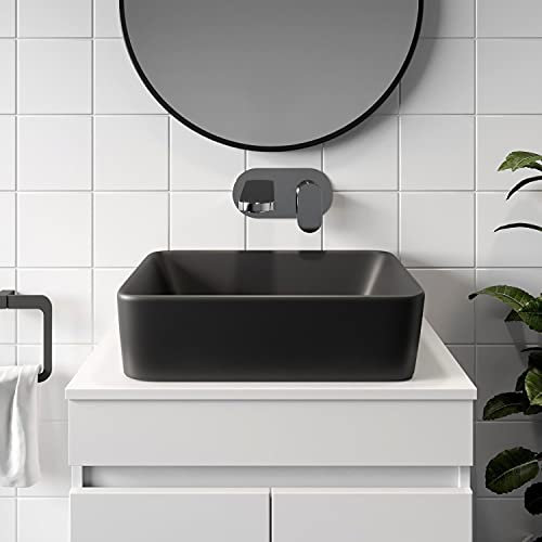 Affine® 480 x 370mm Bathroom Countertop Vanity Wash Basin Ceramic Sink, Rectangular, Black Vessel Modern Cloakroom Sinks