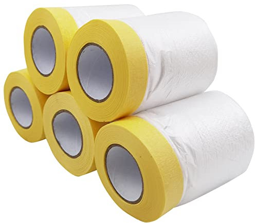 Película para Enmascarar，5 rollos Cinta Adhesiva de Pintor para Enmascarar Película Antipolvo Cinta de Pintores de Media Tachuela para Protección de Pintura para Decoración, Cubierta de muebles