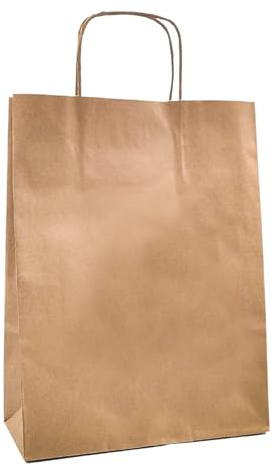 Raylu Paper® - Pack de 25 Bolsas de papel Kraft de colores con asas resistentes, bolsas de papel 100% reciclables para la compra, chuches o regalos (Marrón Kraft, Medianas (32x12x42 cm))