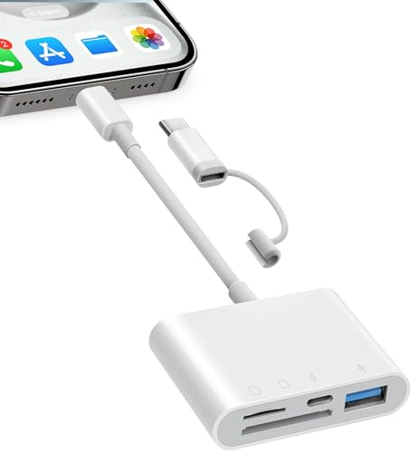 SD Card Reader for iPhone iPad, 4 in 1 Micro SD/SD Card Reader to iPhone Adapter, SD Card Viewer with TF/SD Dual Slot, Portable Camera Memory Card Reader for iPhone with Charging Port, Plug and Play