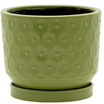 Napco Stamped Flower Design Moss Green 5.75 x 5.25 Ceramic Planter Pot with Saucer