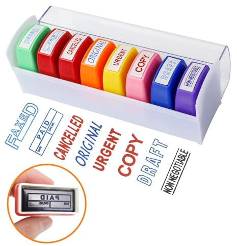 8 Pcs Self Inking Office Stamp Set for Approved Paid Completed Copy Faxed Scanned Stamps, Business Stamp Rubber Stamp Message Account Stamp Paper Work Text Ink Stampers with Storage Tray (Business)