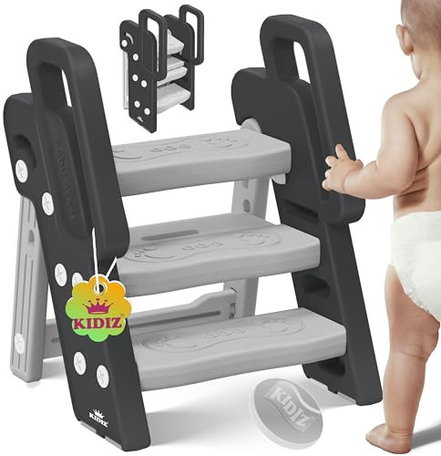 KIDIZ® Tritthocker für Kinder Trittleiter Klappbar mit 3 Stufen | Faltbarer Lern-Turm ab 18 Monaten bis 6 Jahren | Robust | Sicherer & Stabiler Trittschemel | Höhenverstellbar Rutschfest Grau