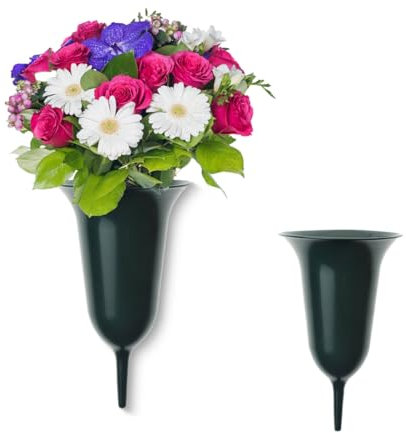 Lot de 2 vases funéraires à planter comme décoration funéraire résistant au gel - Vases de cimetière verts de 25, 30 cm - En plastique résistant aux intempéries - Vase à fleurs à planter comme beaux