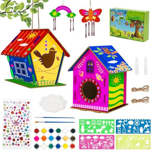 Woltoy 2 Stück DIY Vogelhaus zum Bemalen, Osterngeschenk Bastelsets Kinder, Vogelhaus Bausatz Kinder aus Holz, Bastelset Mädchen Jungen