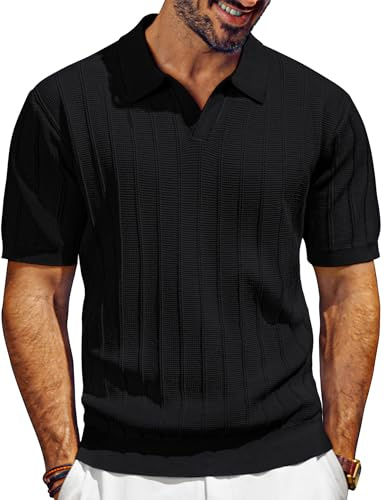 PJ PAUL JONES Camisas polo de punto de manga corta para hombre con cuello en V para golf, polos de verano con textura, Negro, L
