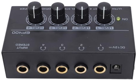 4-kanals Hörlursförstärkare, Bärbar Metall Stereoljud Hörlursdelare med Strömadapter för Studioscenprestanda (EU)