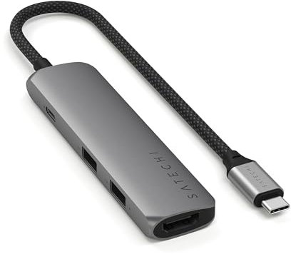 SATECHI 4 en 1 Hub USB C Slim Plus, Adaptador Multipuerto con Carga PD 100W, HDMI 4K@60Hz y 2 Puertos USB-A de Datos 10Gbps para MacBook Air & Pro, PC Portatil y más – Gris Espacial