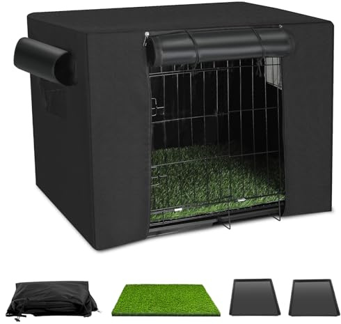 Dog Crates Kit with Artificial Grass and Dog Crates Cover, 27 Inch Double Door Collapsible Metal House for Dogs and Cats, Dog Cage with Leak-Proof Pan Tray, Travel, Indoor and Outdoor Dog Kennel