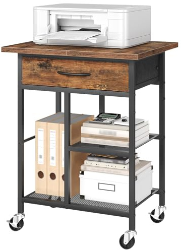 MAHANCRIS Printer Stand, Mobile Printer Table with Fabric Drawer, 3-Tier Under Desk Printer Cart with Storage Shelves, Rolling Storage Stand for Office, Study, Living Room, Rustic Brown APTHR3301