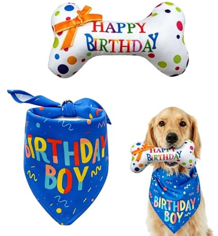 Noirwwe Dog Birthday Set, 2 Pcs Blue Bandana and Squeaky Bone Toy Gift