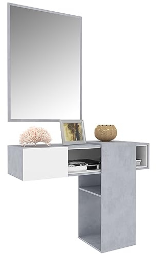Mobile Danzica Mobiletto Da Ingresso Mensola Sospesa Con Specchio E Ripiani Scorrevole Arredo Arredamento Sala 100 x 31.5 x 75 cm Colore Bianco e Cemento
