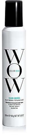 COLOR WOW Contrôle de la couleur + mousse tonifiante pour cheveux bruns – Élimine le jaune et le laitonnement; pas de taches; sans alcool; la mousse tonifiante sans rinçage teintée bleue éclaircit les