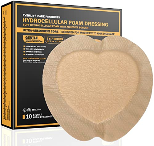 EVERLIT Sacrum Silicone Foam Dressing | Highly-Absorbent Waterproof Sacral Bandage Pad for Bed Sore Pressure Ulcer Wound Care | Sterile Adhesive Dressing for Chronic Wounds (7 x 7 | 10 Pack)