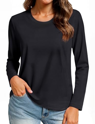 TACVASEN Ladies Tops Crew Neck Regular Fit Long Sleeve Cotton T Shirts Quick Dry Long Sleeve Tee Shirt Women, Black, S