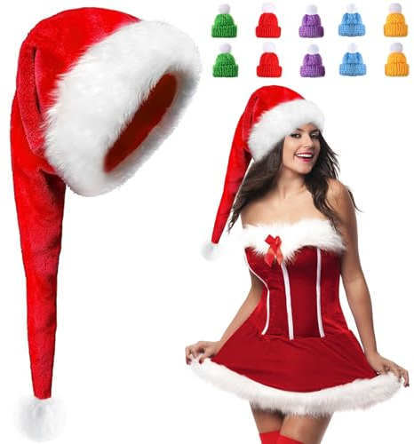 Gorro Navideño, Gorro de Papá Noel Adornos, Gorro de Navidad, Gorro Navideño y Sombrero Rojo de Santa Claus, Gorros Largos de Navidad con 10 piezas Mini Gorro de Navidad Rojo