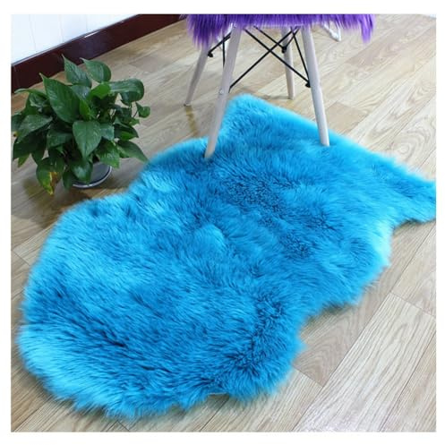 Hrlace Lammfell Schaffell Kunstfell Teppich - Longhair Weiche Flauschig Stuhlauflage Nachahmung Wolle Bettvorleger Sofa Matte für Stuhl Schlafzimmer Blau 60x90cm