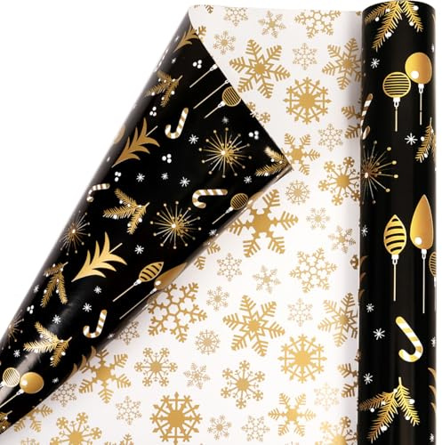 Rouleau de Papier Cadeau Réversible pour Noël et Nouvel An - Noir et Doré, Motif Flocon de Neige et Sapin - Vacances d'Hiver - 43 cm x 10 m