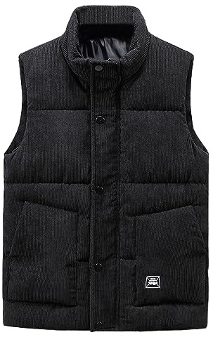 GIBZ Gilet Matelassée en Velours Côtelé Homme Veste Doudoune Matelassée sans Manches Blousons Extérieur Chauds pour Hiver Travail, Noir, XL