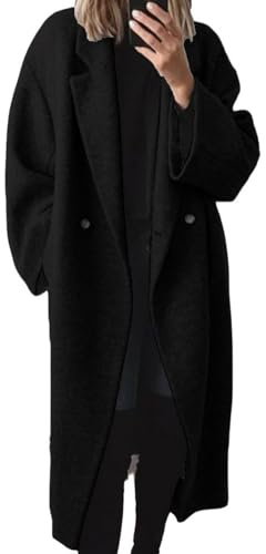chouyatou Women's Winter Double Breasted Wool Coat Long Sleeve Notch Lapel Long Trench Coat (XX-Large, Black)