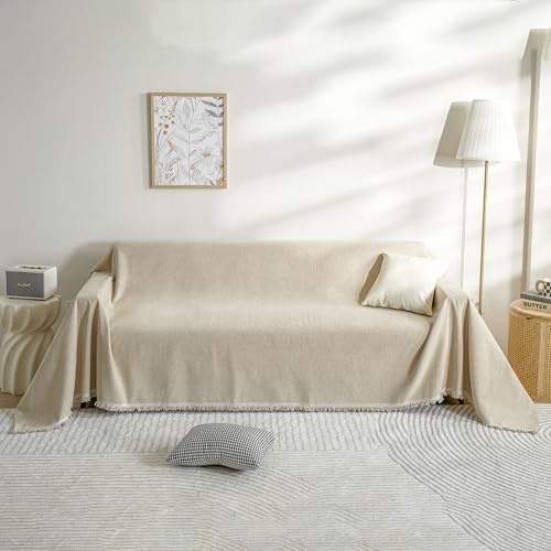 FLRISNTIG Sofföverdrag med fransar, chenille-filt, halkskyddsskydd, multifunktionellt täcke för hem, vardagsrum, kontor (beige, 230 x 380 cm)