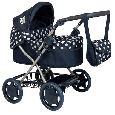 Dolly Tots Cherish Dolls Pram | Navy & White, Adjustable Handle & Hood, Fold Flat Design, Includes Matching Changing Bag, Removable Apron & Under Seat Storage | Toy Pram for Kids Role Play | 3+