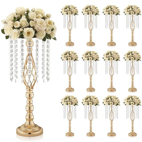 Aurabee 12 Pcs 21.7 Inch Tall Gold Centerpieces For Table Wedding-Metal Flower Gold Vases For Centerpieces For Wedding Reception With Crystal Fringe-Flower Stand For Wedding, Birthday(Centros De Mesa)